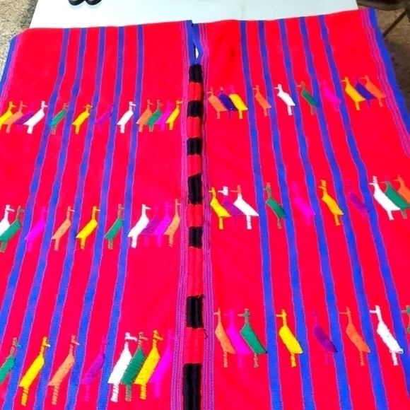 Vintage Handwoven Tzute Red with Animals 32" x 45" Fringed Sz. OS Shawl Cape - Picture 1 of 7